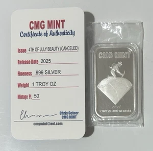Barra de arte cancelada belleza feliz 4 de julio CMG como nueva 1 OZ plata .999 con certificado de autenticidad - Imagen 1 de 5