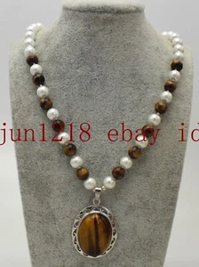 New 10mm White Shell Pearl 10mm Yellow Tiger's Eye Gems Pendant Necklace 18 in - Picture 1 of 12