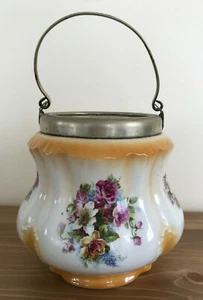 Antique Porcelain Floral Biscuit Barrel Jar Silver Plate Handle No Lid England - Bild 1 von 10
