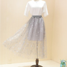 Women Shiny Sheer Midi Skirt Mesh Sheer Lace Pleated Glitter Star See Through