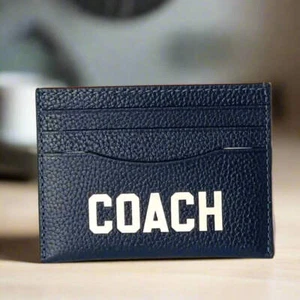 Coach Slim Card Case Pebble Leather Dark Navy Logo Graphic CP275 Mens - Picture 1 of 4