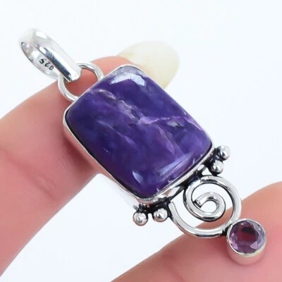 Charoit, Amethyst Edelstein Handgemacht Ethnisch Silber Schmuck Anhänger 1.8 " - Bild 1 von 4