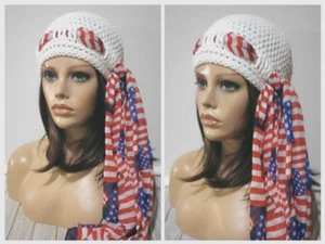 handmade  crochet womans scarf hat American flag chemo red white blue new - Picture 1 of 3
