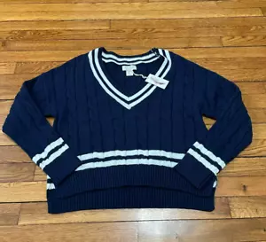 Jessica Simpson Women's Navy Blue White Striped V Neck Cable Knit Sweater Large - Picture 1 of 4