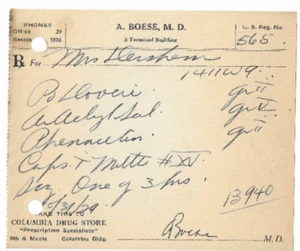 1920's Prescription, A. Boerse, MD, Coffeyville, Kansas, For Mrs. Dershem - Foto 1 di 2