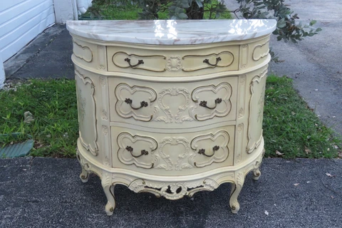 French Shabby Chic Carved Painted Marble Top Commode Small Dresser 4978 Cover