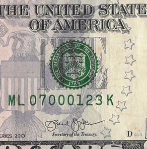 Billete de cinco dólares con número de serie elegante escalera ascendente de cuatro dígitos ML07000123K - Imagen 1 de 11