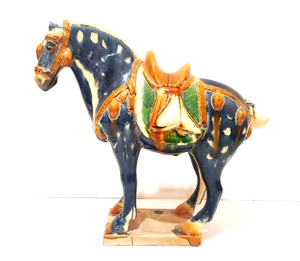 CHINESISCHE VINTAGE SANCAI GLASIERTE KERAMIK KRIEGSPFERD POLYCHROM DACHZIEGEL 12" HOCH - Bild 1 von 8