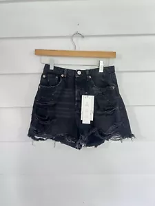 ZARA Black Denim High Rise Distressed Rip Shorts Waist 25" size 2 Y351A - Picture 1 of 14