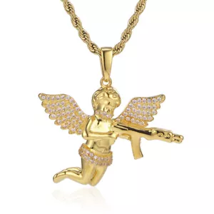 Revenge Angel with Gun Pendant Necklace 5A Zircon Men Women Couple Jewelry Gift - Picture 1 of 21