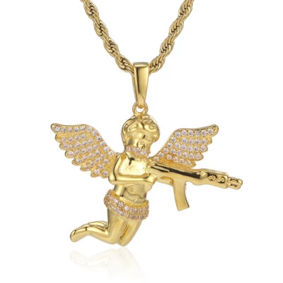 Revenge Angel with Gun Pendant Necklace 5A Zircon Men Women Couple Jewelry Gift - Image 1 of 4