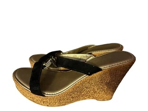 Italian Shoemakers Black Wedge Sandals Snakeskin Print 4" Platform Women's Sz11 - Picture 1 of 12