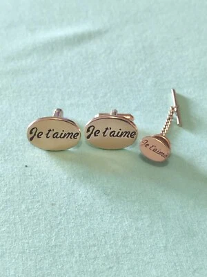 Vintage Hickok Ja t"Aime Cufflinks Tie Tac Set I Like You Love You Gold Tone - Image 1 of 4