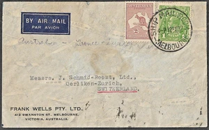 (22) AUSTRALIA-FRANCE-SWITZERLAND - 1937 AIR MAIL COVER.  2/- ROO, 1d  KG V - Picture 1 of 2