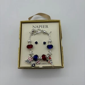 NIB Napier Silver Tone America Patriotic Charm Bracelet & Stud Earrings Set - Picture 1 of 2