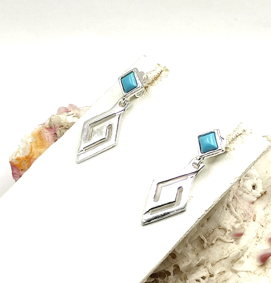 Handmade Greek Key Meander Sterling Silver 925 Stud Earrings with Turquoise - Image 1 of 4