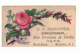 c1880 Ad Card: O.G. Gardiner – Confectionery, Ice Cream & Soda Cafe, Wickford RI - Picture 1 of 2