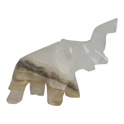 Elephant Figurine Trinket Hand Carved Onyx Alabaster Stone Trunk Up Good Luck - Image 1 of 4