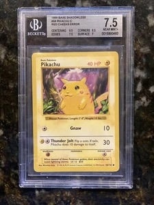 BGS 7.5 1999 Pokemon Base Shadowless Pikachu C Red Cheeks Error 58/102 Near MT+ - Picture 1 of 2