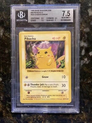 BGS 7.5 1999 Pokemon Base Shadowless Pikachu C Red Cheeks Error 58/102 Near MT+ - Image 1 of 2