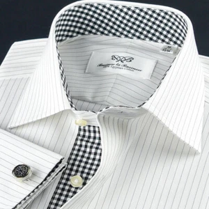 White & Mini Black Stripe Business Dress Shirt With Black Check Inner Lining - Picture 1 of 6