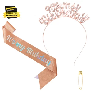 Birthday Crown Set for Women - Princess Rhinestone Tiara, Happy Birthday Sash & - Picture 1 of 6
