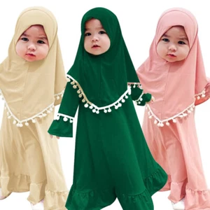 Kids Girls Hijab Prayer Dress 2Pcs Set Abaya Muslim Khimar Robe Islamic Gown New - Picture 1 of 54