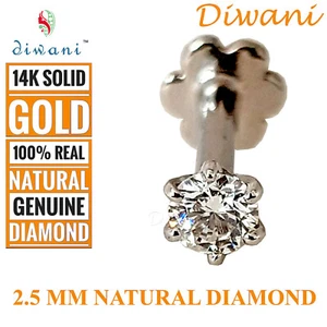 2.5mm Real VVS Diamond Nose Lip Labret Monroe Screw Stud Piercing Ring Pin 14k G - Picture 1 of 12