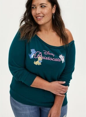 Torrid Disney Aristocats Sweatshirt Off Shoulder Teal NWT New 1X - Image 1 of 4