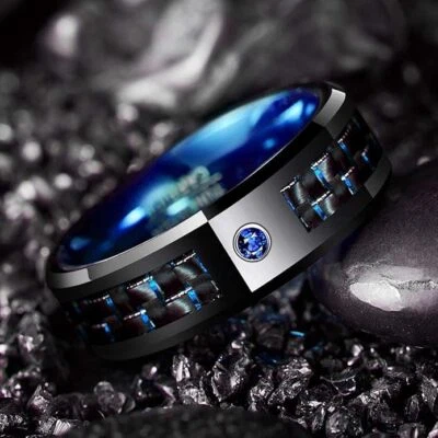 8mm Blue Carbon Fiber Tungsten Men Rings Cubic Zirconia Wedding Band Bevel Edge - Image 1 of 4
