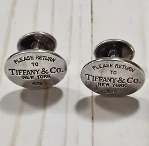 Tiffany & Co New York 925 Sterling Silver Oval Tag Cufflinks Fixed Back - Picture 1 of 6