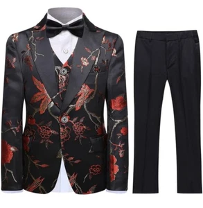 Boys Suits 3 Piece Gold Paisley Floral Suit Set Slim Fit Tuxedo Embroidery Suit  - Picture 1 of 5