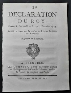 [RECHT Altes Regime] Erklärung des Königs Aufhebung des zehnten Einkommens der Güter 1733 - Bild 1 von 2