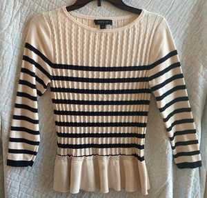 Ann Taylor Silk Blend Striped Crew Neck Peplum Pullover Sweater Top Small Cream - Picture 1 of 5
