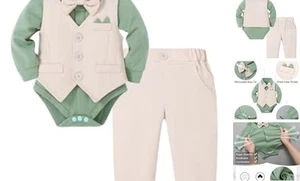 Baby Boy Clothes Suit 0-24 Months Infant Gentleman 0-3 Months Khaki/Green - Picture 1 of 7