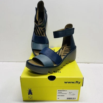 Fly London Women Blue Black Two Tone Leather Strappy Sandal Heels Size 9 - Image 1 of 4