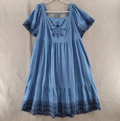 Old Navy Dress Womens 3X Blue Embroidered Denim Tie Back Tiered Smocked Peasant - Image 1 of 4