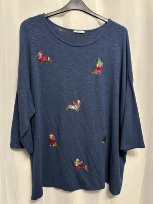 @235 Tu Sz 18 Navy Fine Knit Festive Dogs Xmas Jumper - Image 1 of 4