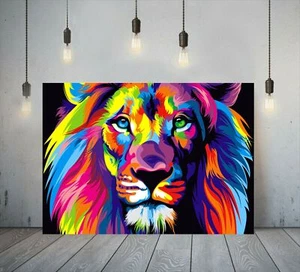 LION COLOURFUL DEEP FRAMED CANVAS WALL ART PRINT POSTER ABSTRACT PICTURE DECOR - Picture 1 of 5