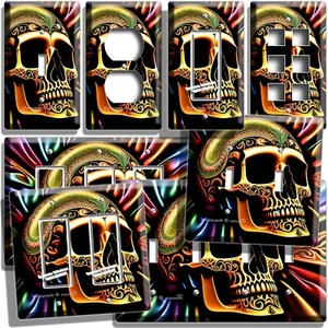 GOLDEN SKULL COLORFUL SILK LIGHT SWITCH OUTLET WALL PLATE ROOM MAN CAVE HD DECOR - Picture 1 of 34