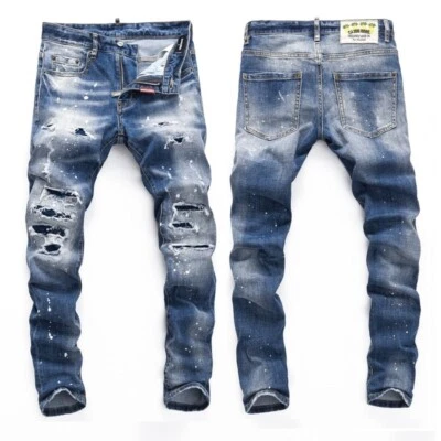 Pantalones de mezclilla elásticos con parche rasgado punk ajustados azules desgastados de alta calidad para hombre Foto 1 de 4