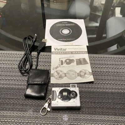 Vivitar Mini Digital Camera Silver With Keychain Hook,Black Case, Cords,CD,works - Image 1 of 4