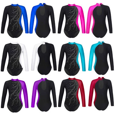 FREEBILY UK Girls Gymnastics Leotards Figure Ice Skating Leotard Long Sleeve Bodysuit