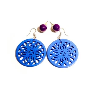 Set of 2 pairs of earrings wooden ornaments handmade oversized round pierced ear - Picture 1 of 2