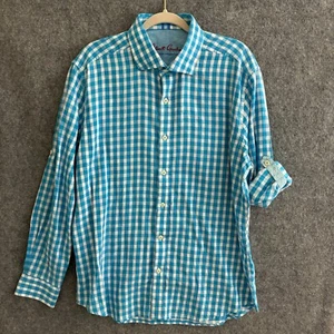 Robert Graham Button Down Shirt Men's XL Blue Check Roll Tab Sleeve Tailored Fit - Picture 1 of 14