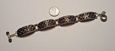 Sorrelli Silver-tone Curved Link Bracelet w Jet Black Rhinestones & Toggle Clasp - Image 1 of 4