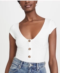 Reformation Marten Button Bodysuit Ribbed Knit Cap Sleeve Top Ivory Large BNWT - Picture 1 of 7