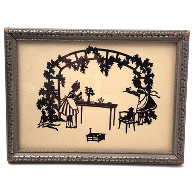 Arte silhueta alemã antiga emoldurada Scherenschnitt cena de jardim década de 1920 década de 30 - Imagem 1 de 4