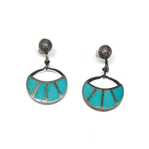 BONITOS Pendientes Antiguos De Colección Años 40 con Incrustación Turquesa Zuni Plata Esterlina Tornillo Trasero - Imagen 1 de 4