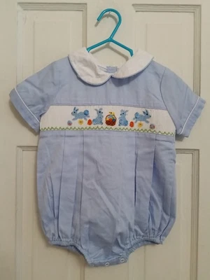 Eliza James Smocked Bubble Romper Blue Gingham Check Boy Size 12 Months E6 - Image 1 of 4